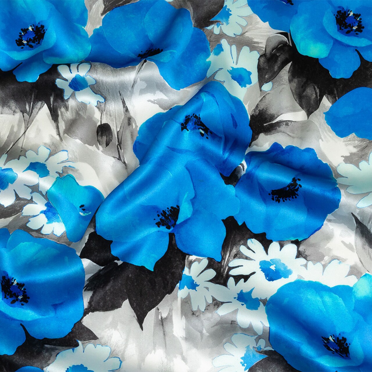 1 Yard Italian Blue Gray and White Wild Roses Silk Charmeuse Fabric 53 Inches Wide